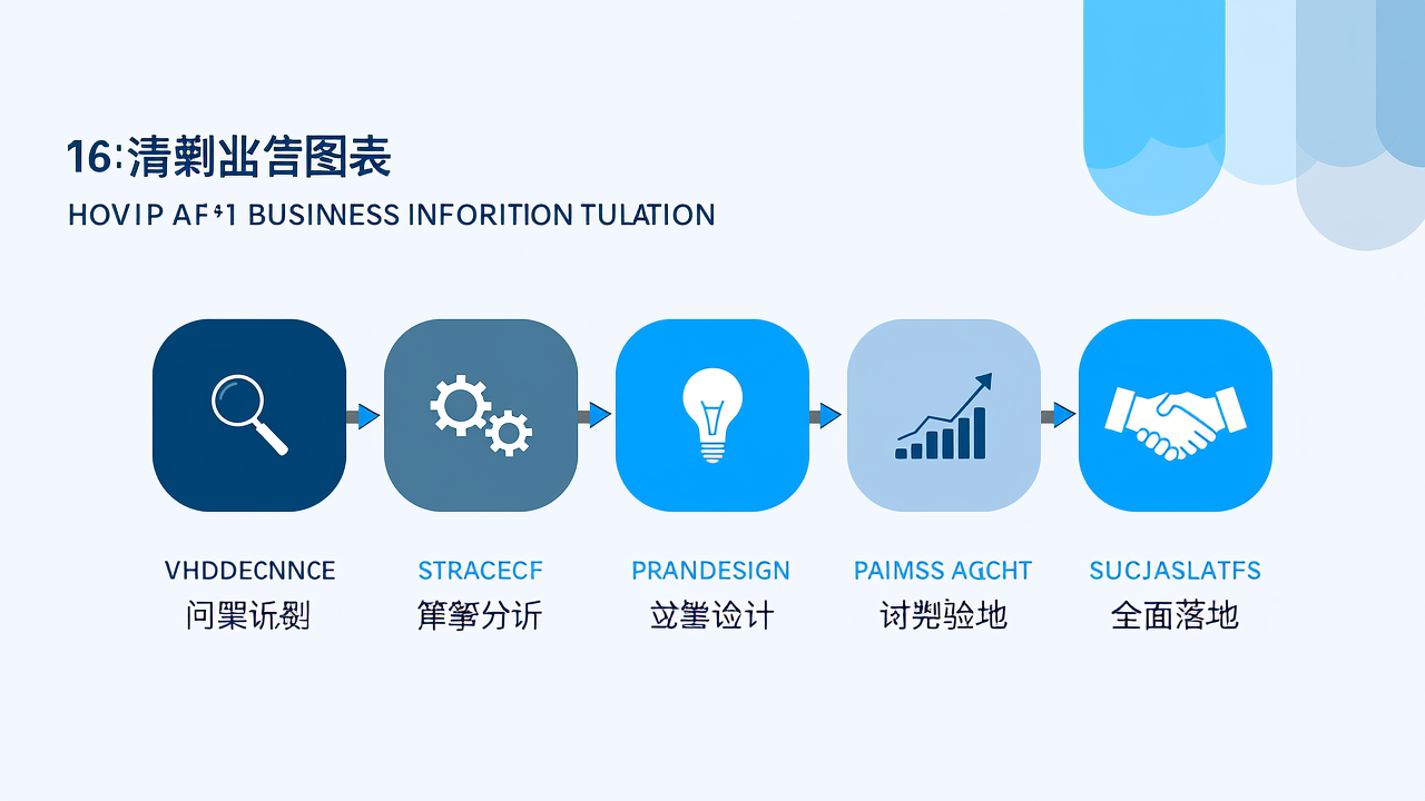 一张专业的商业信息图表，展示核心策略的实施流程，包含3-5个步骤节点，使用现代扁平化设计风格，蓝色系配色，图表清晰展示从问题识别到方案落地的完整路径，配以简洁的图标和数据标注，适合企业级文章使用