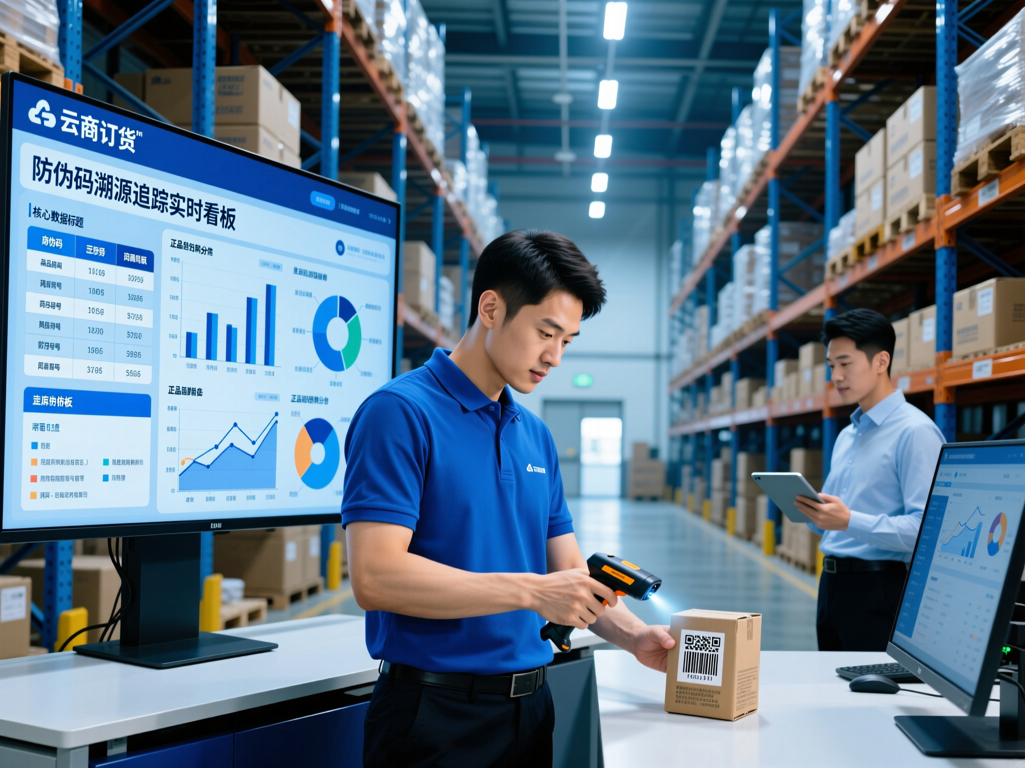 批发仓库员工正在扫描商品防伪码入库