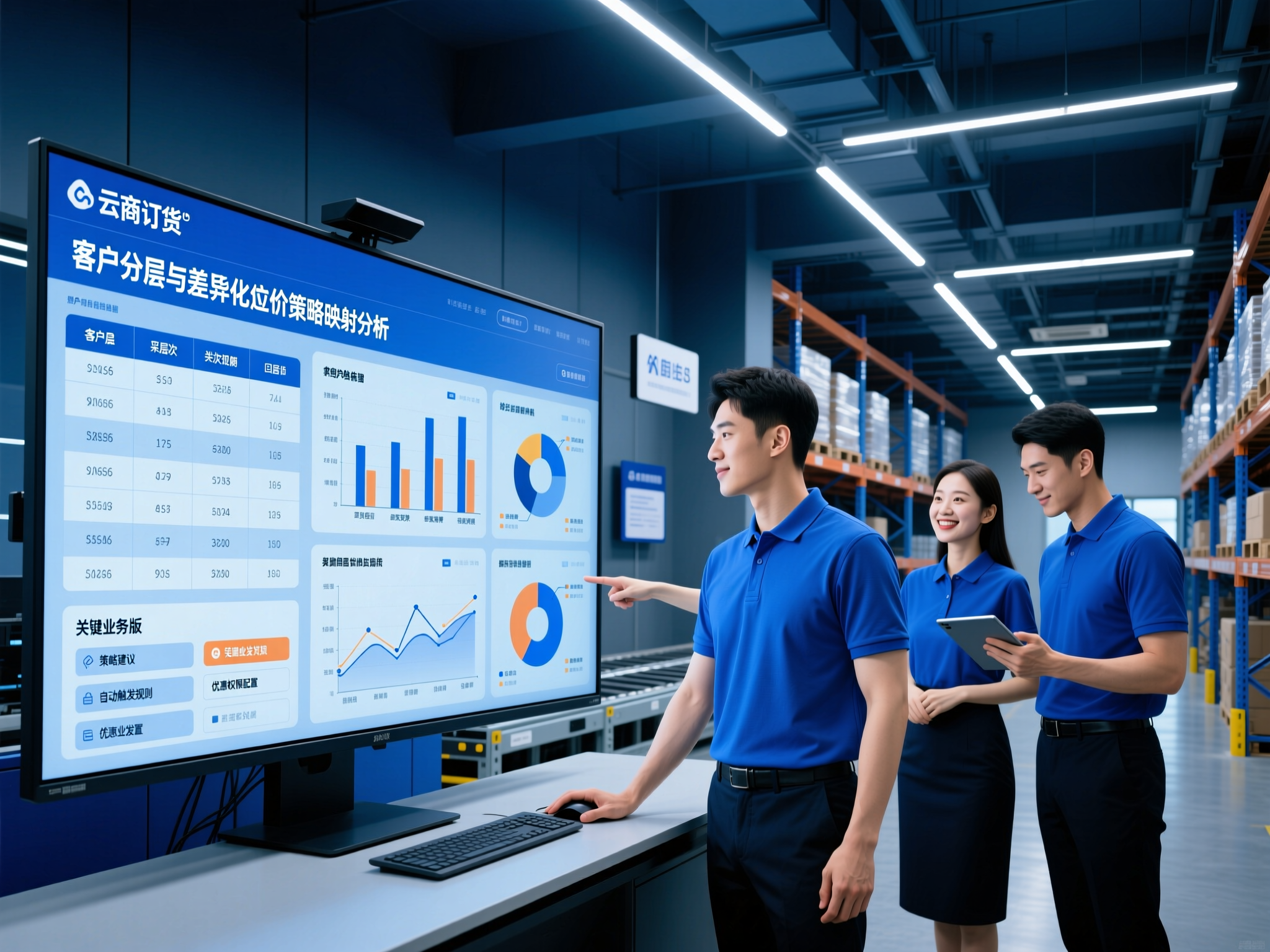 电脑屏幕上显示客户分层图表与价格策略对应关系