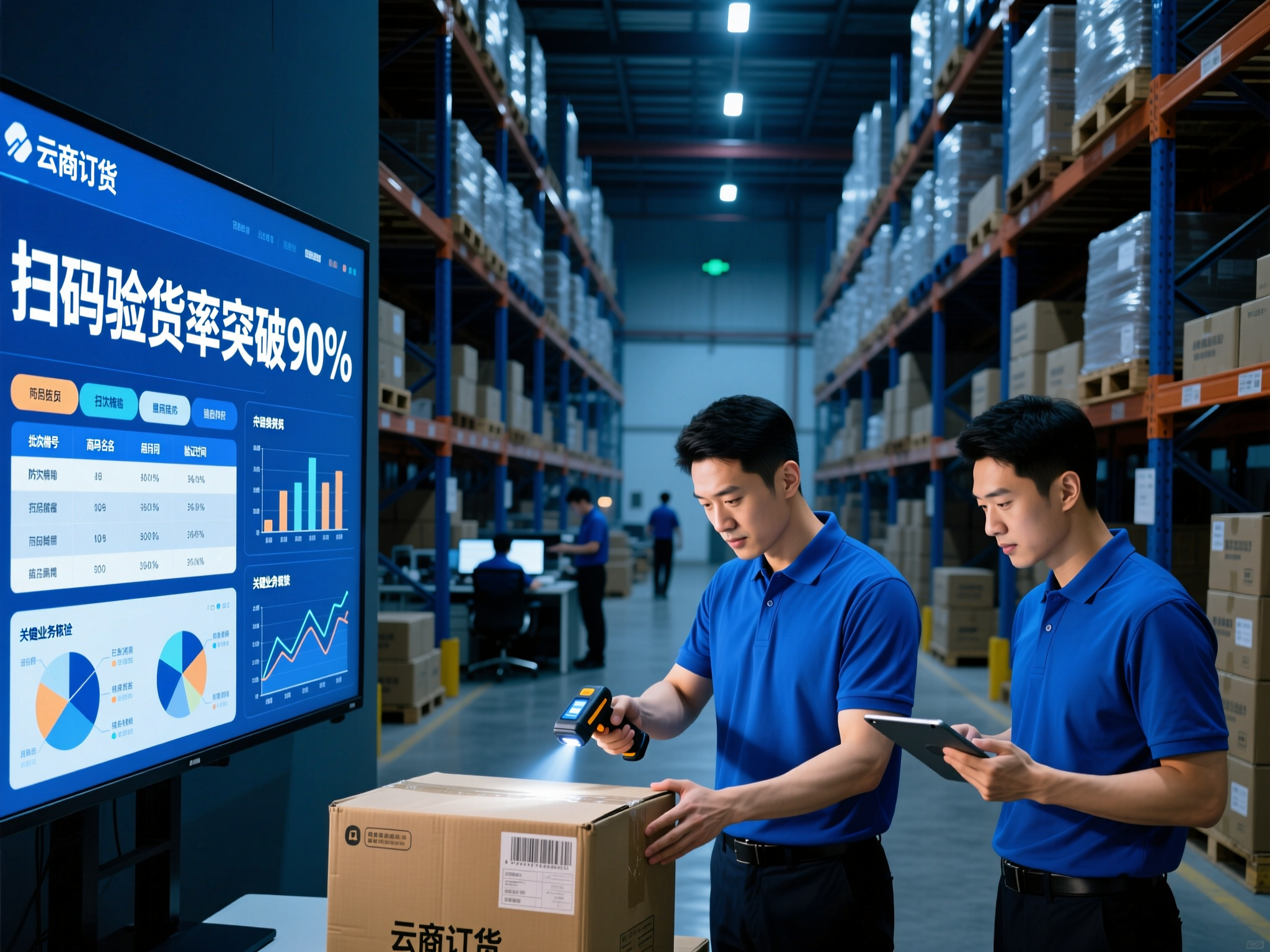 批发仓库员工手持扫码枪核对商品防伪码
