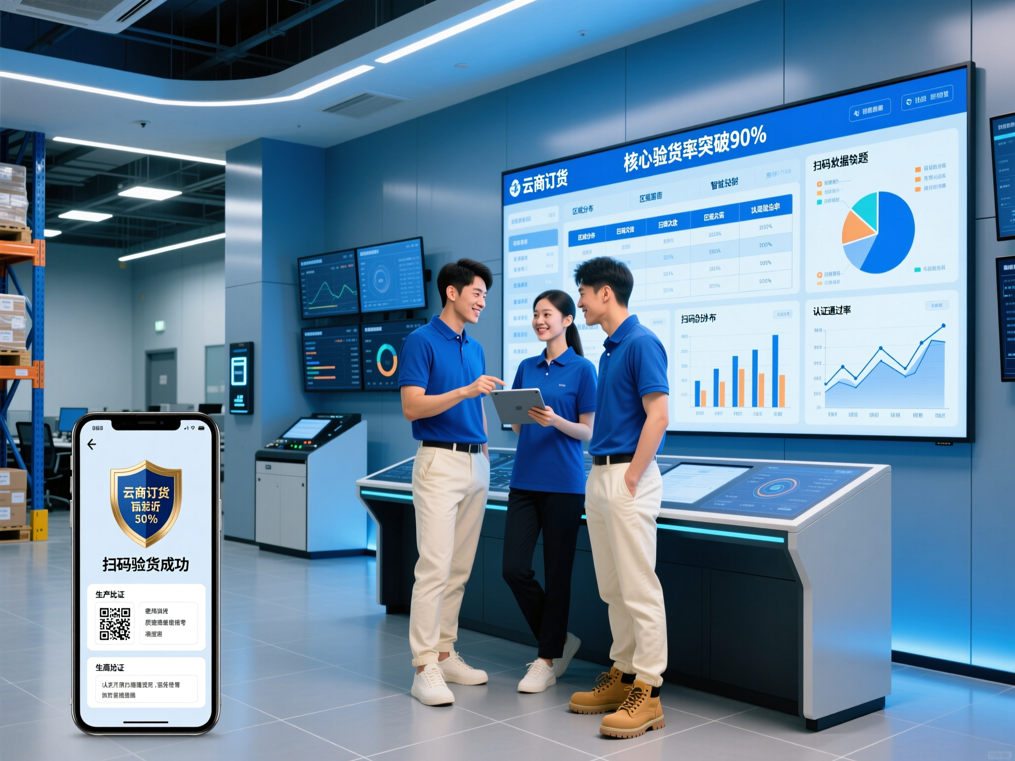 手机屏幕显示扫码验货成功界面,含商品溯源信息与品牌认证标识