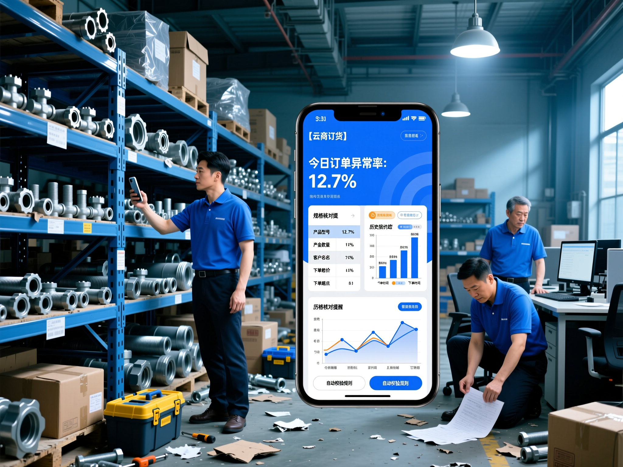 一张略显凌乱的五金建材仓库实景,货架上密集堆放着不同规格的管件与五金配件,前景是一部亮着屏幕的手机,上面显示着密密麻麻的微信语音和文字报单记录