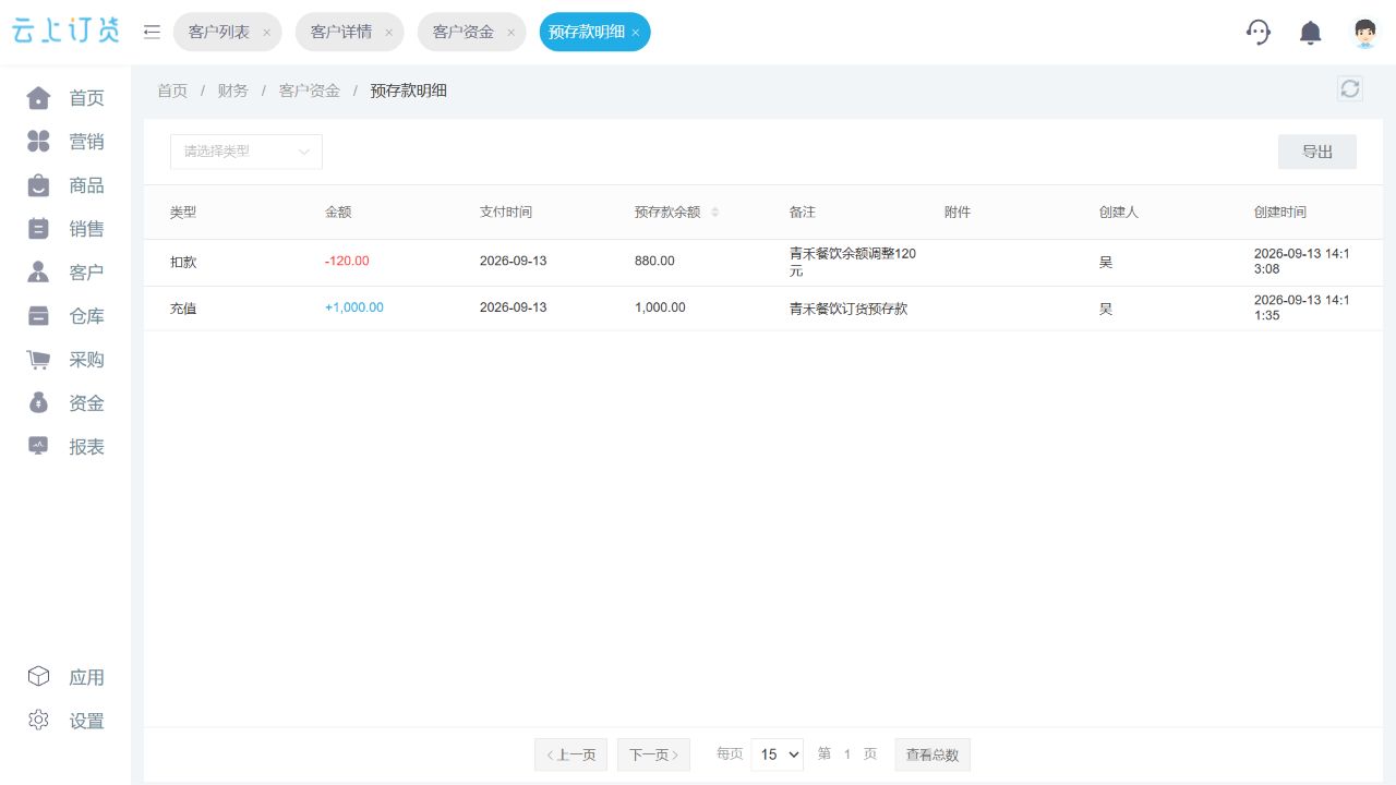 云上订货PC管理端预存款明细显示充值1000元、扣款120元与余额880元