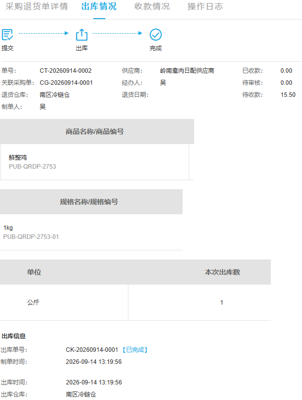 历史同退货出库一公斤已完成仍待收15.50