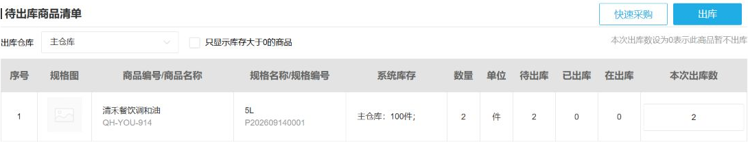 历史主仓5L件规格待出2、已出0、在出0、本次2与库存100。