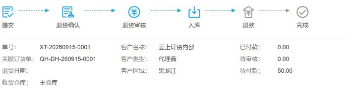 历史原商家退货入库推进但退款灰及待付50,不代客户退款。