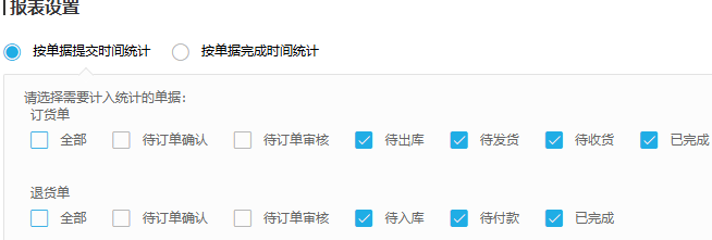 历史报表设置提交与完成时间、订退计入阶段，旧勾选非当前生效设置。