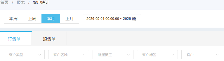 历史客户统计入口、日期与客户筛选;图中日期不完整,当前起止与结果需另核对。