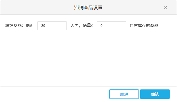 历史完整滞销设置弹窗:周期30、销量0,确认取消不代当前实际保存结果。