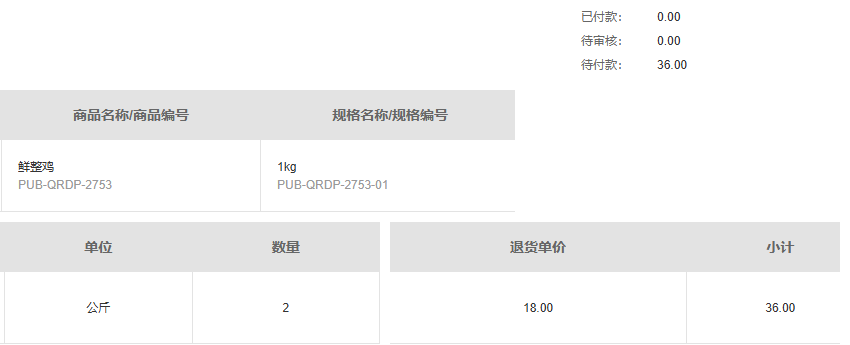 退货原申请中的数量单价小计与退款金额分列