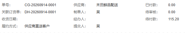 PC历史原采购与关联销售单、直送方式及待付款115.20,头部未含9.6斤明细。