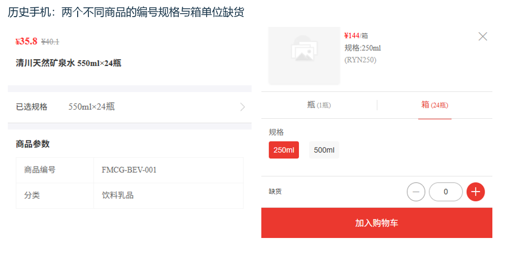 历史两个不同商品的编号规格单位价缺货字段