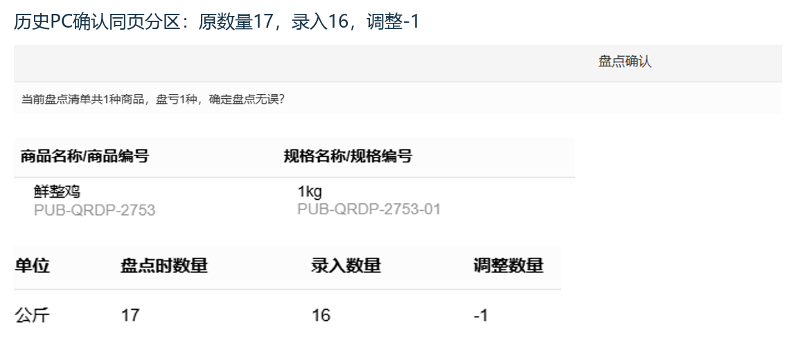 历史PC盘点确认原数量与负差异