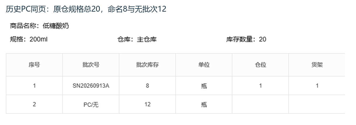历史PC原仓规格命名批次与无批次余量