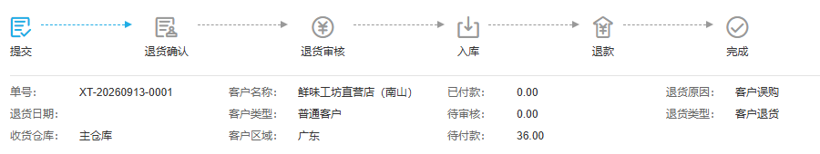 原退货单确认审核入库节点与收货仓库