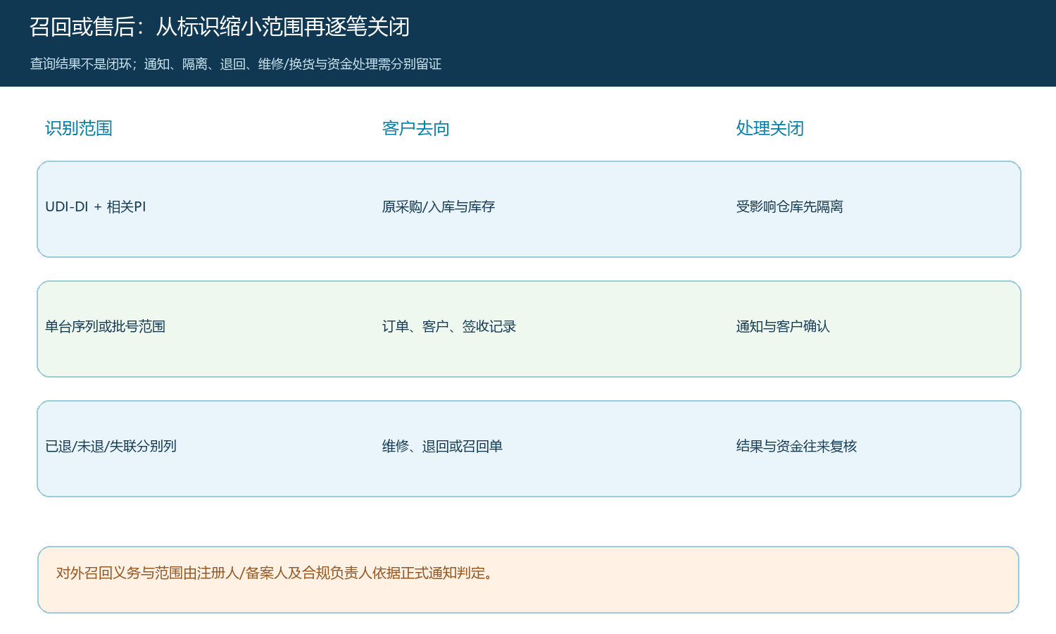 UDI或序列范围识别、客户去向查询和逐笔关闭的召回处理矩阵