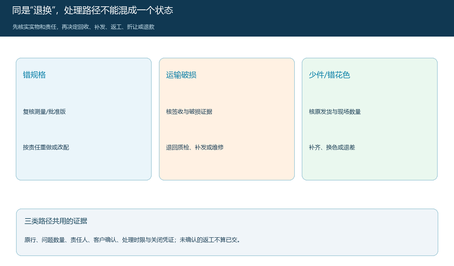 错规格、运输破损与少件三类售后问题的不同处理分支
