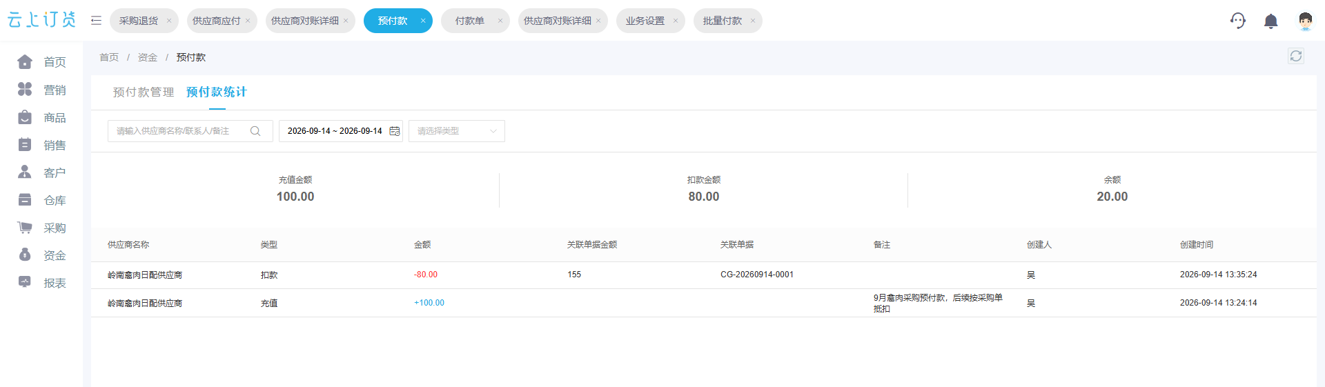PC管理端预付款原额抵扣和余额的真实统计界面