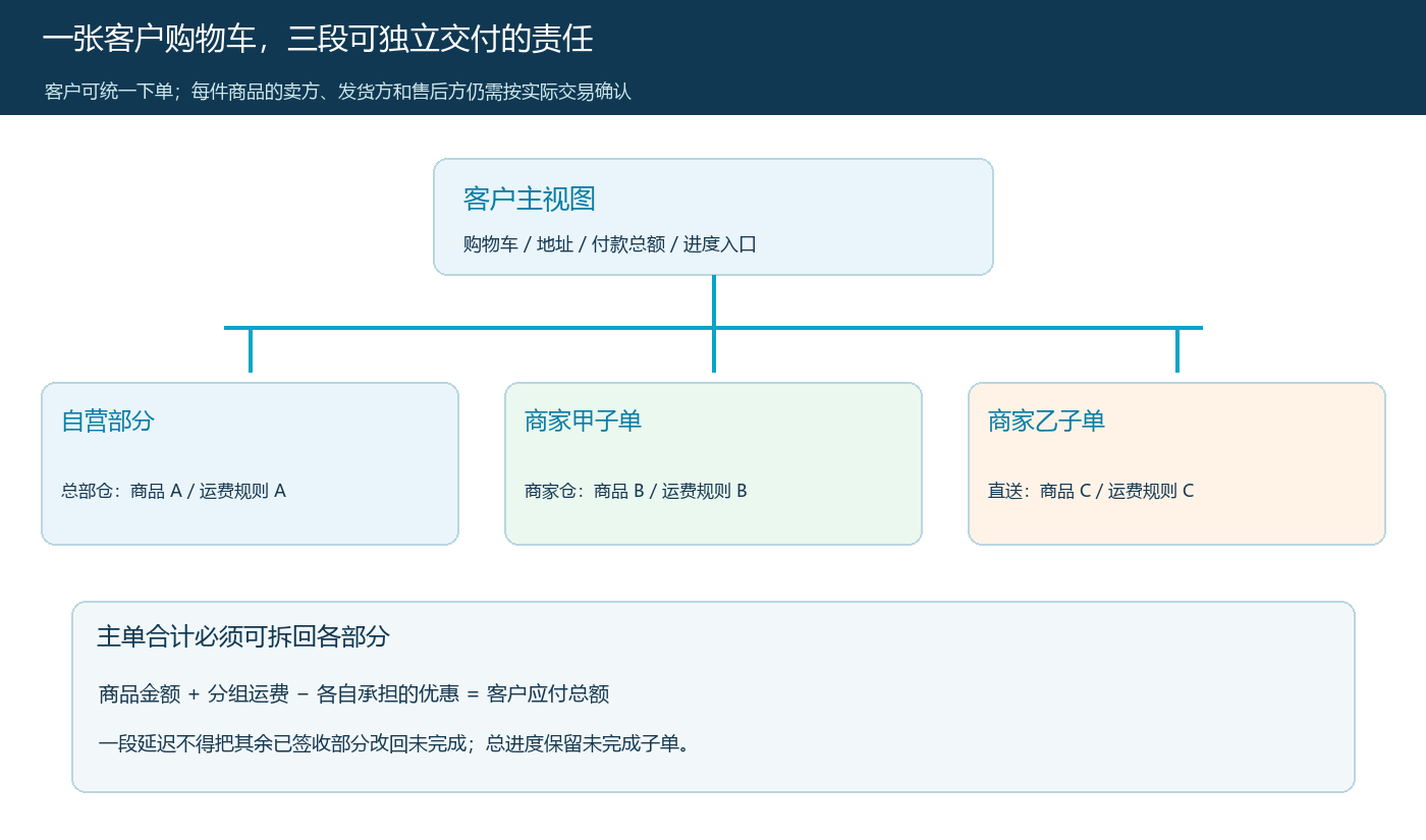 客户一次购物形成自营与两个联营商家交付组的关系