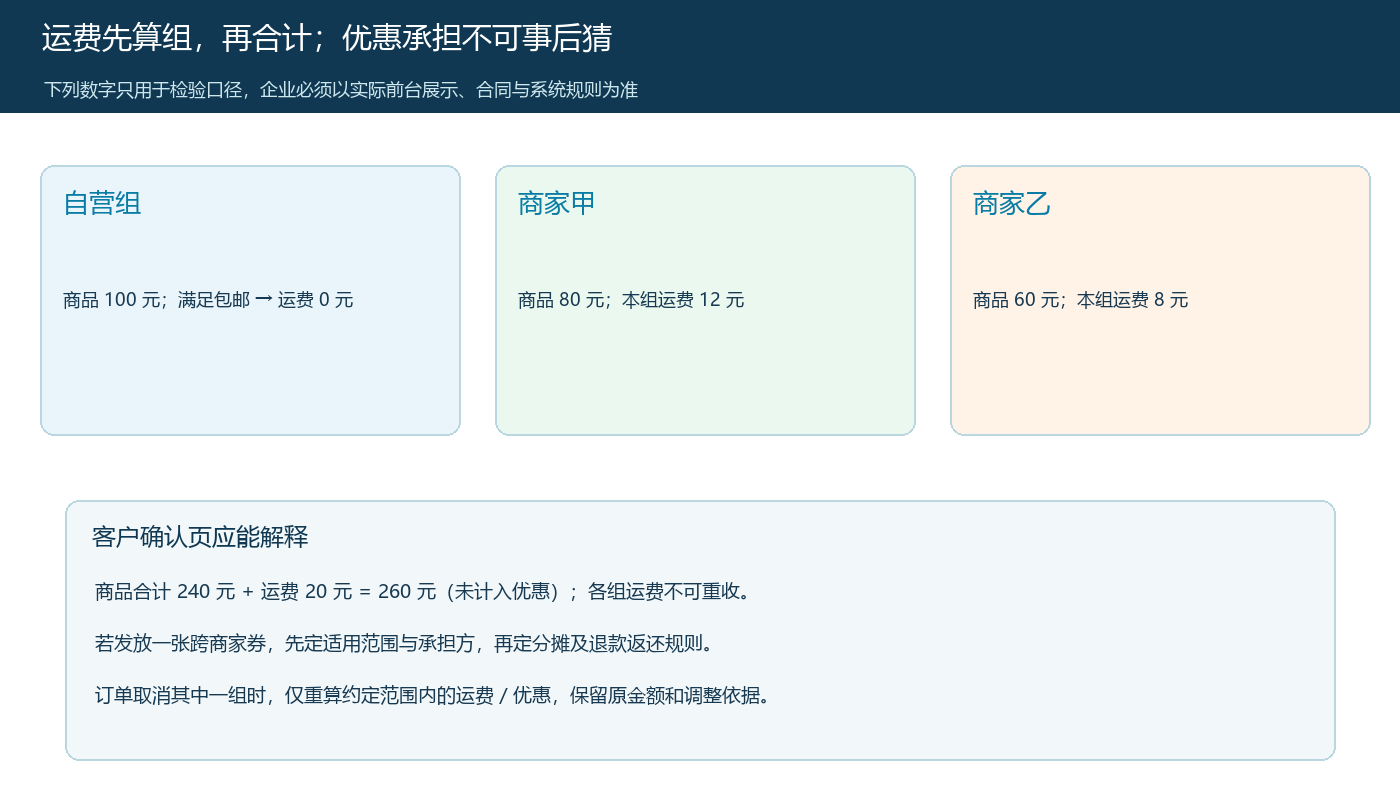 自营与两个联营商家按组计算运费再合计客户应付的示意