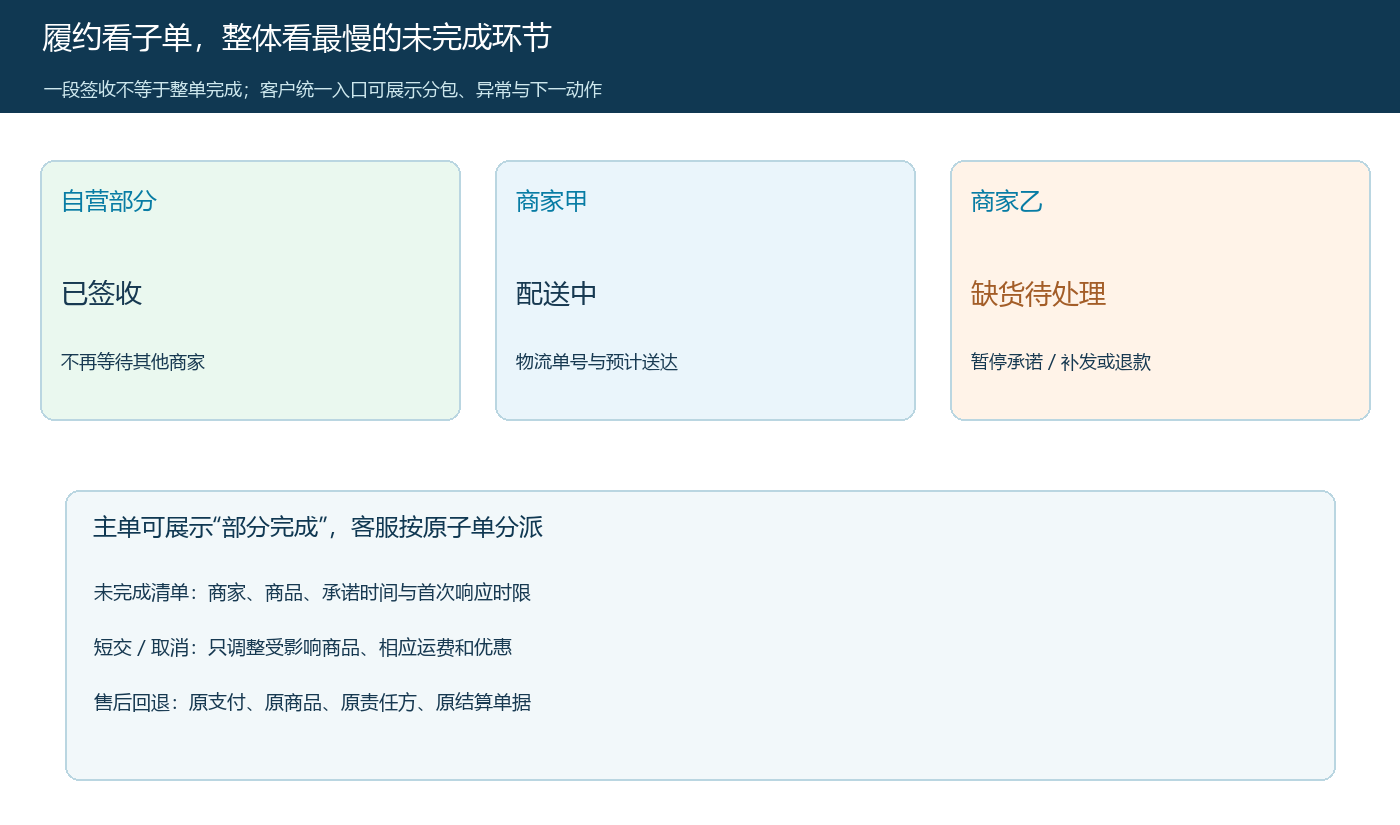 自营与两个商家分别完成、配送中和缺货时的整体状态汇总