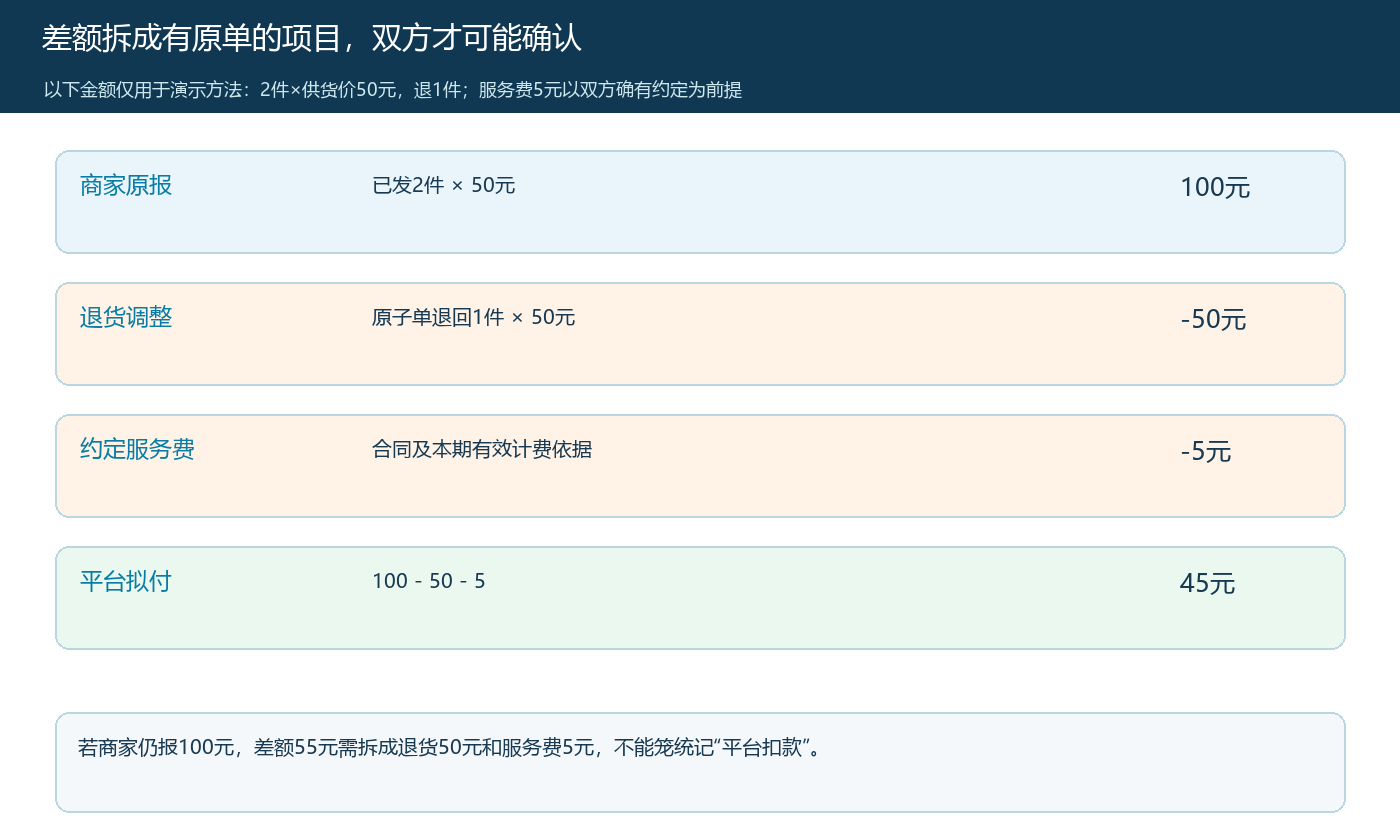联营对账差额从商家原报到平台拟付的逐项拆解
