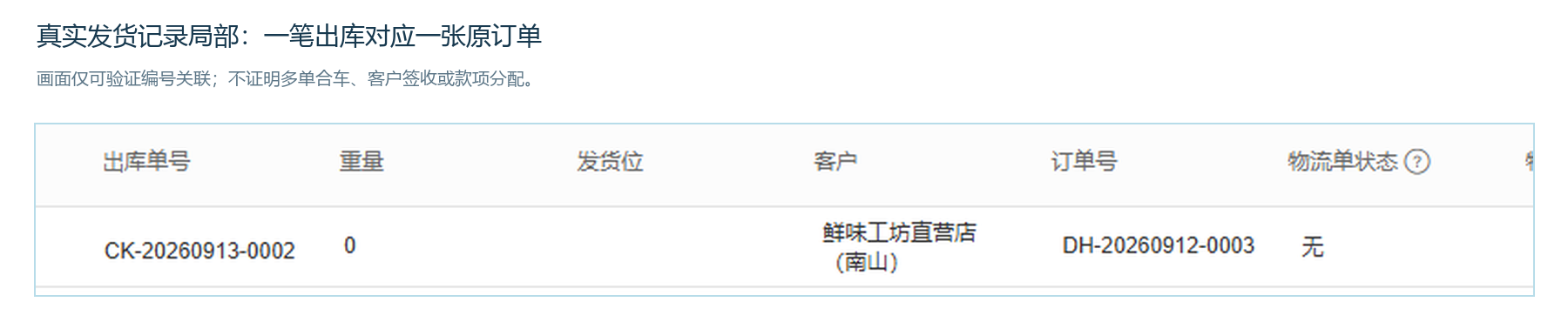 真实发货记录中一笔出库单与一张订单的编号关联
