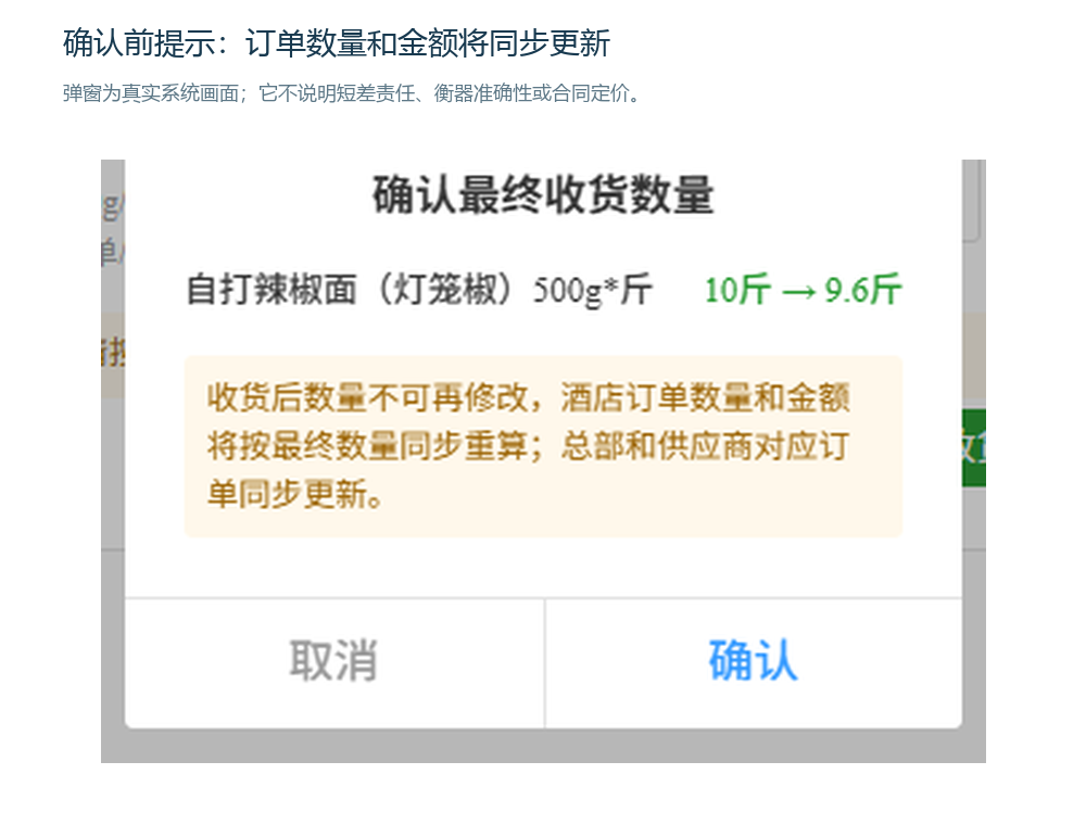 手机端确认最终收货数量时的同步重算提示