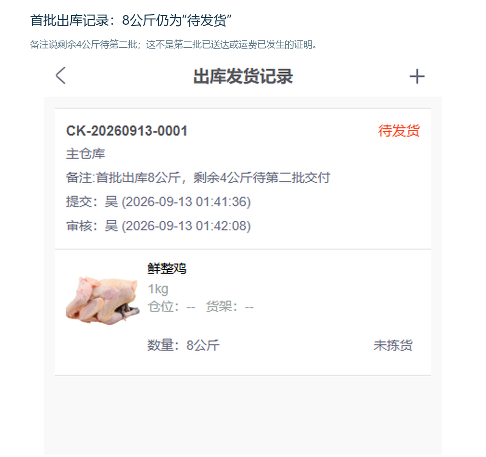 手机端首批八公斤待发货且余四公斤待第二批的真实出库局部
