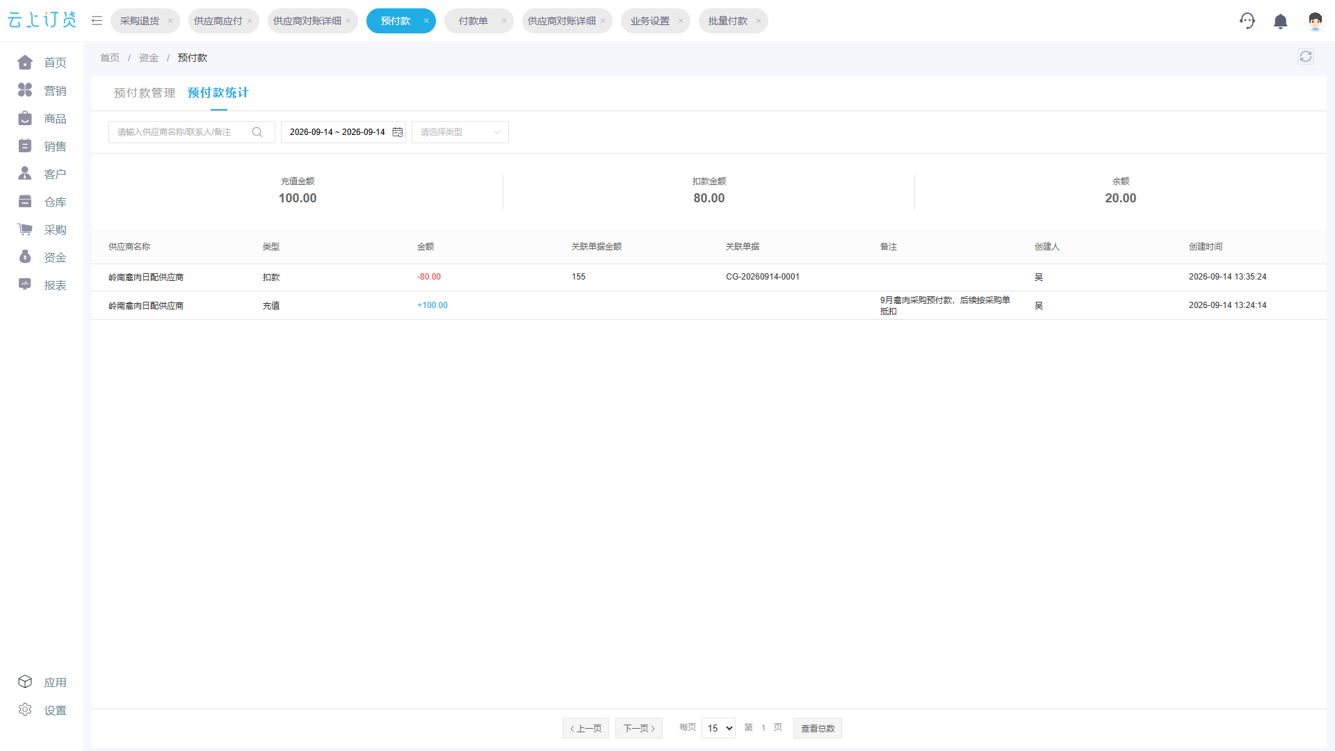 PC管理端预付款统计展示充值扣款与余额