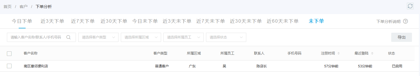 后台下单分析的未下单列表与客户归属筛选入口
