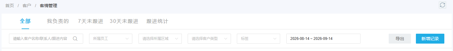 后台客情管理的未跟进时间与所属员工筛选