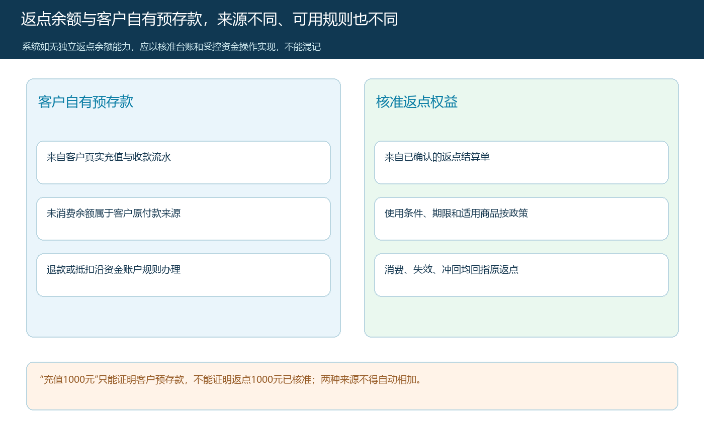 经销商自有预存款与核准返点权益的两类余额分账逻辑