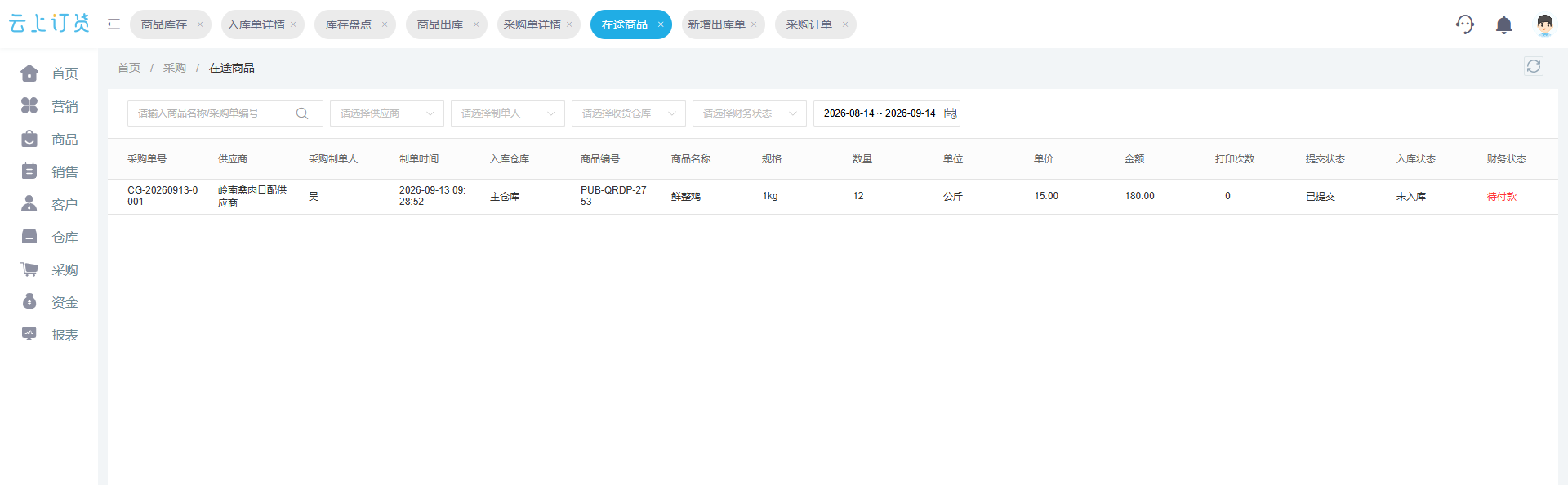 PC管理端按供应商和仓库查看采购在途数量的真实界面