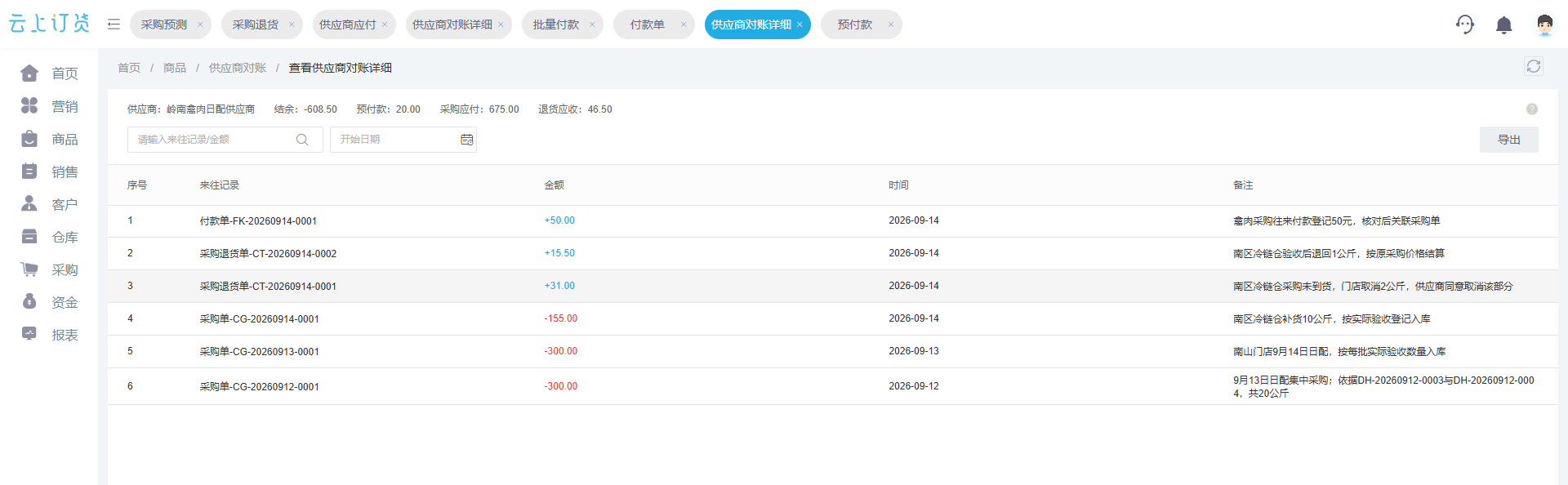 PC管理端供应商对账中逐条展示采购退货付款的真实界面