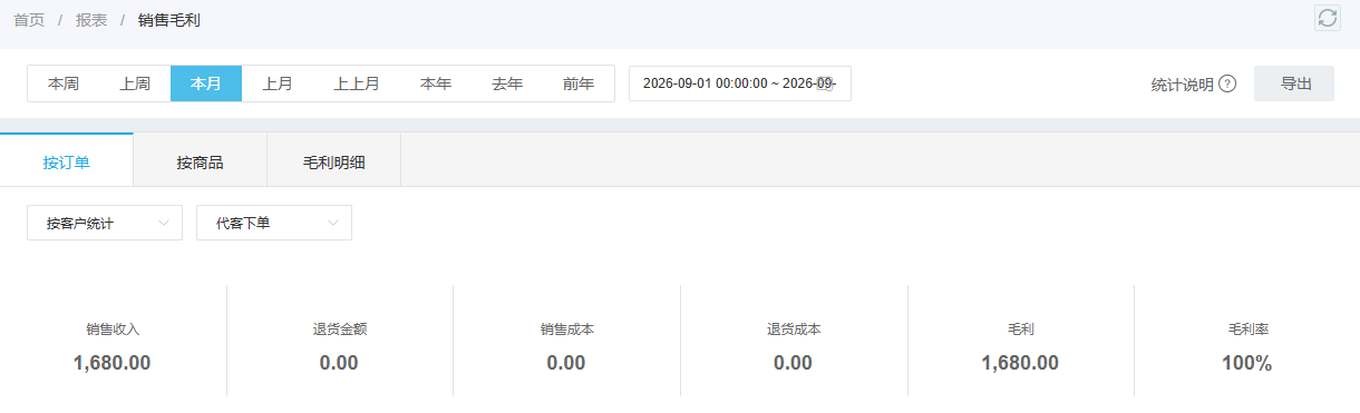 销售毛利页面显示零成本产生百分之百毛利率