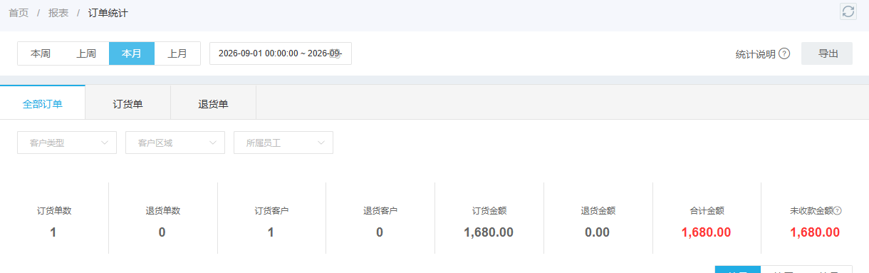 订单统计真实界面展示一笔订货和筛选项