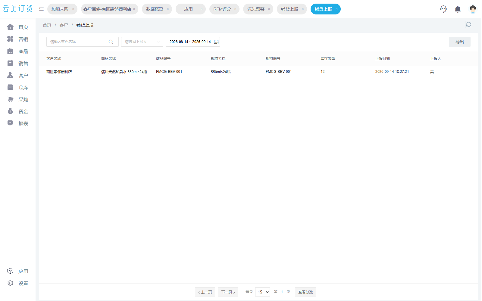 PC管理端铺货上报记录展示便利店矿泉水库存12和上报时间人员