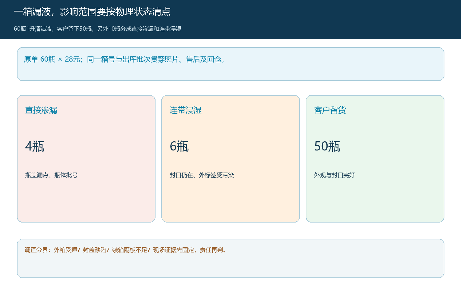 六十瓶清洁液开箱后四瓶渗漏、六瓶浸湿的影响边界