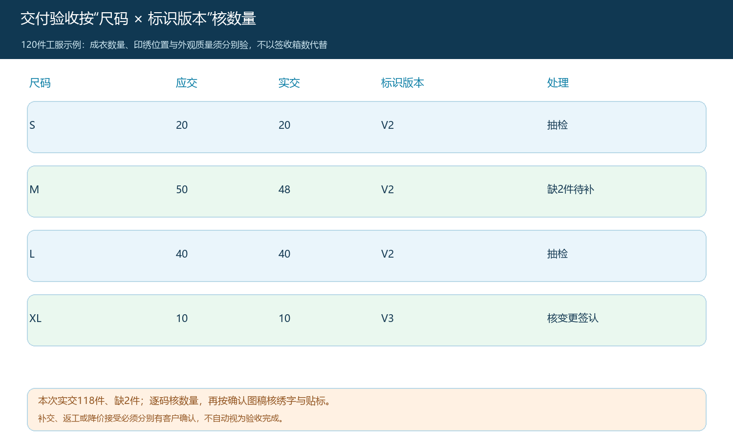 定制工服按尺码、实交数量、样稿版本与待补交结果验收的矩阵