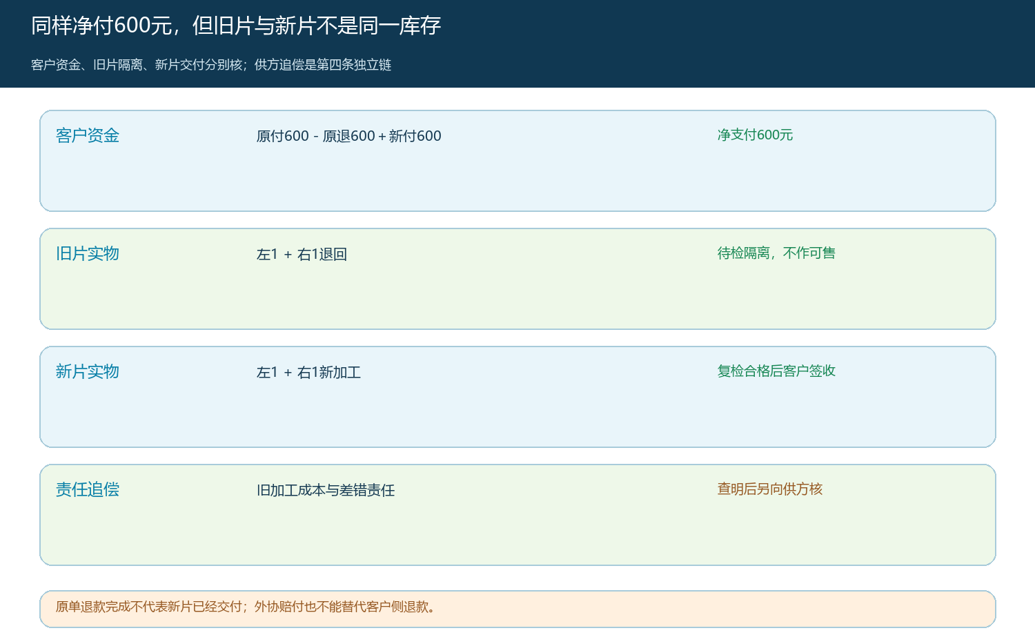 原单与新单六百元的客户资金及两副实物状态核对
