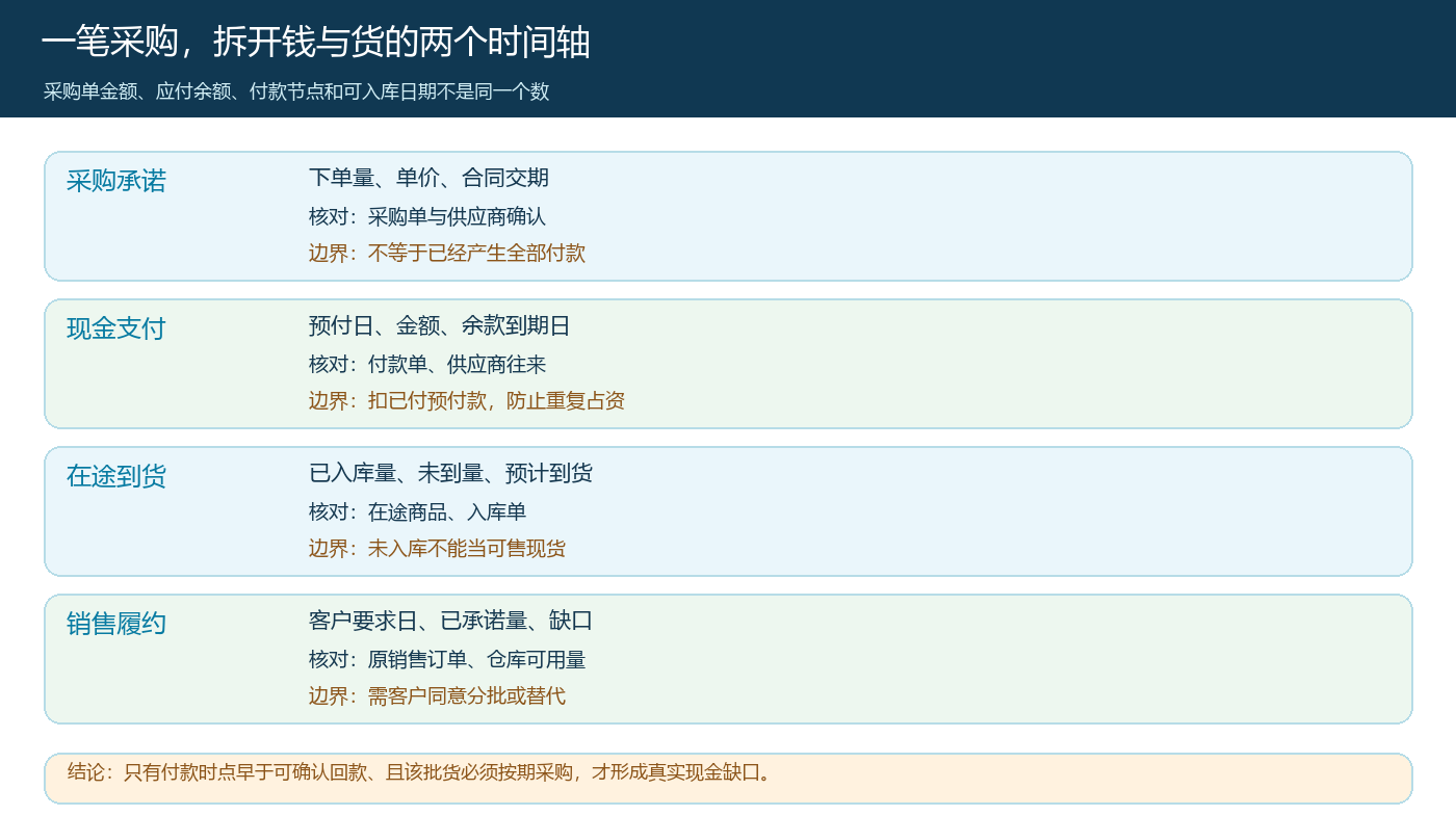 采购承诺、付款、在途入库与销售履约的双时间轴核对