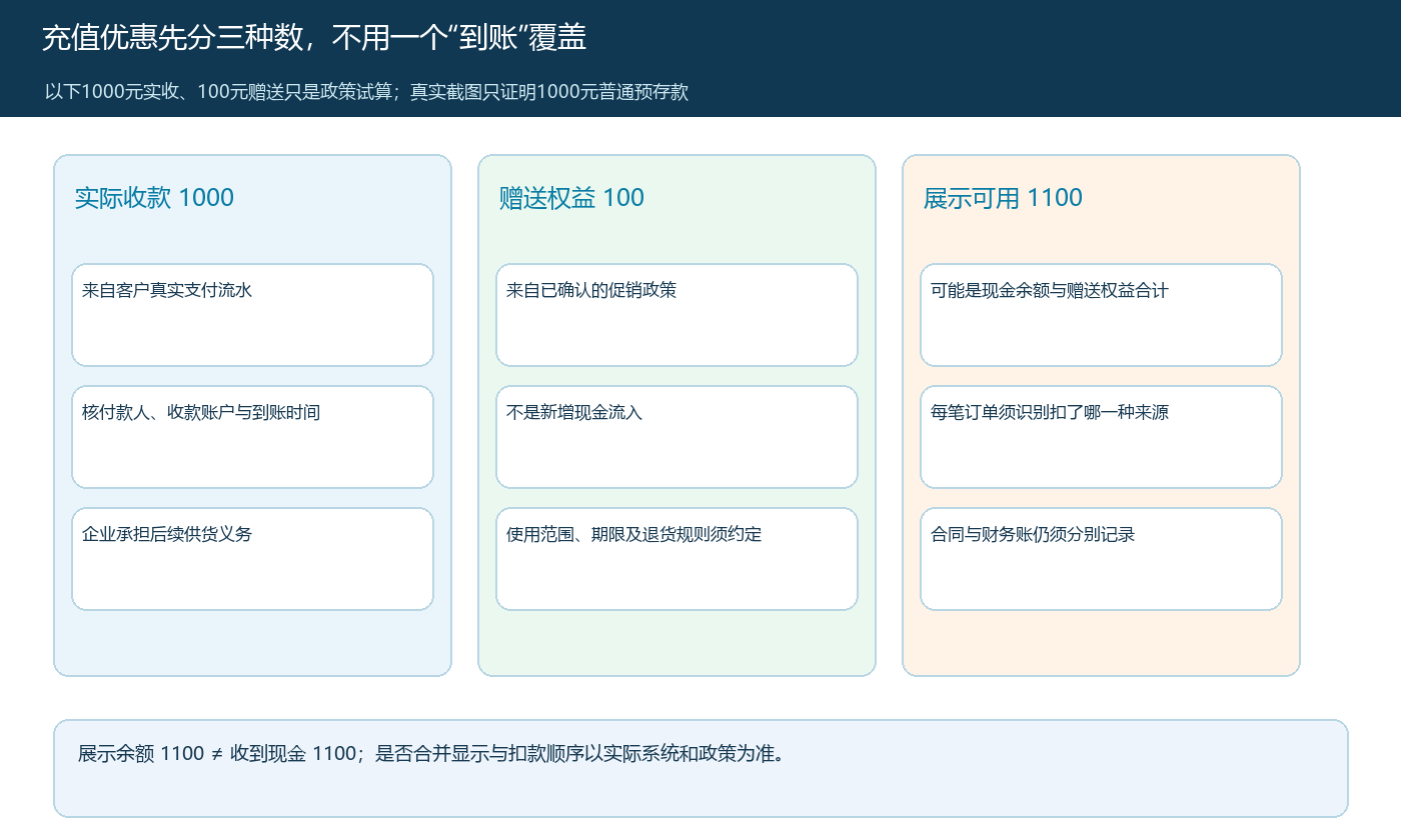 演示方案中客户实际付款、企业赠送权益与合计可用余额的不同来源