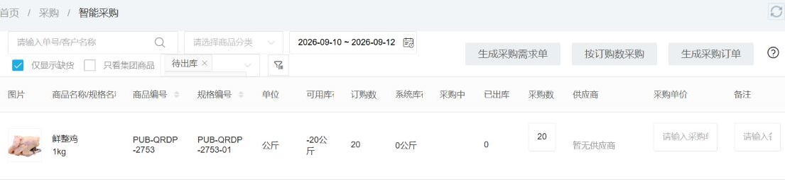 云上订货PC管理端智能采购显示鲜整鸡订购20公斤、系统库存0和采购中0的建议量
