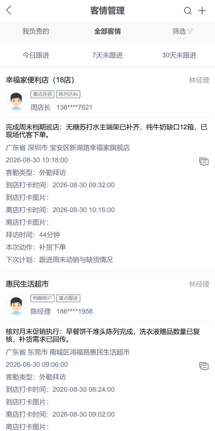 快消经销:外勤拜访有客户、有到离店记录,也有后续动作,产品或业务示意