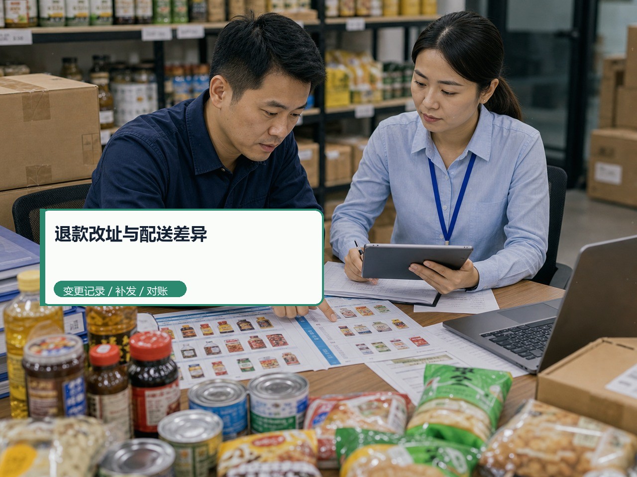 业务负责人核对退款改址与配送差异的留痕记录