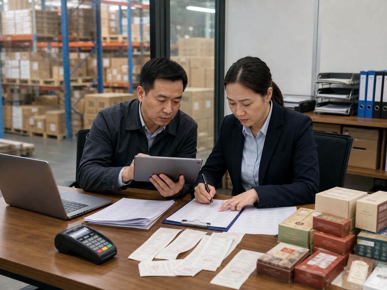 配送人员在门店核对实收与品质