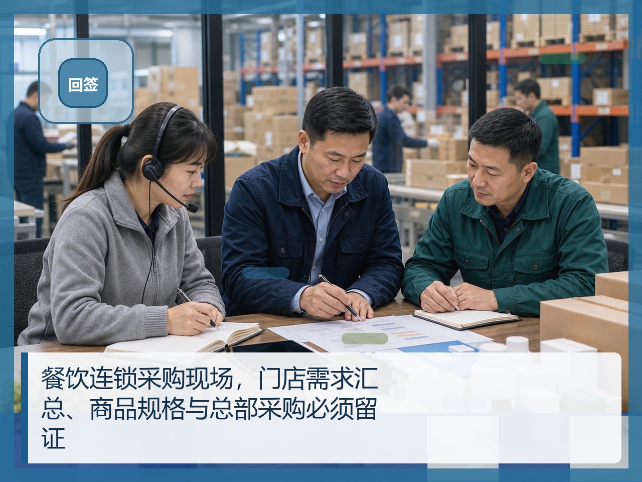 餐饮连锁采购现场，门店需求汇总、商品规格与总部采购必须留证