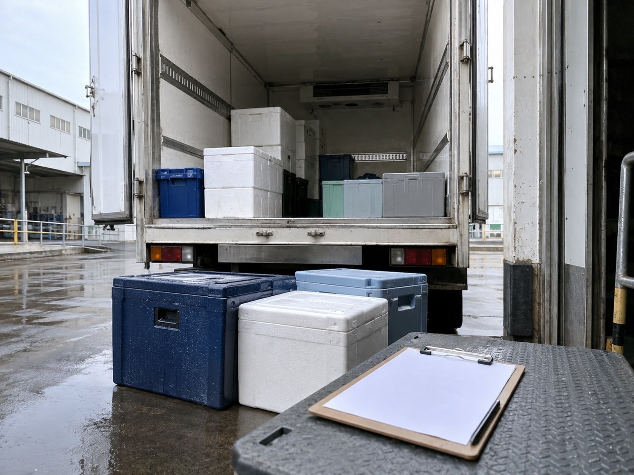冷藏车厢内摆放保温箱，车尾工作台放着文件夹