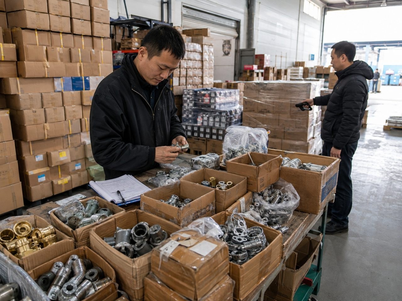 三名工作人员在纸箱和金属配件旁分拣货物